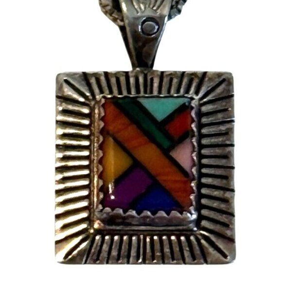 Vintage QT Sterling Silver Inlaid Multi Stone Pendant Necklace Art to Wear 18" - Picture 2 of 8